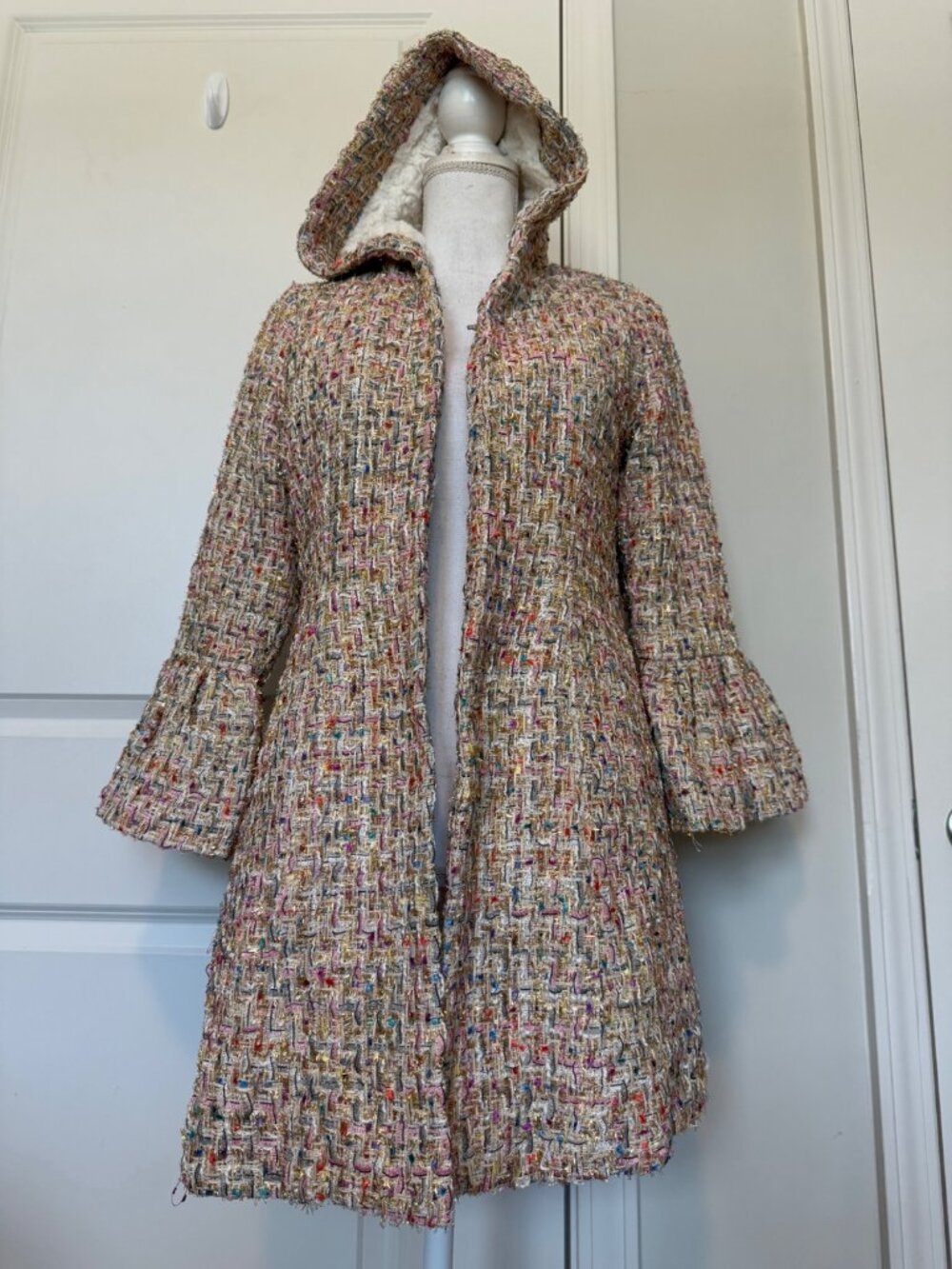 Va Va By Joy Han Womens Tweed Hooded Coat Bell Sleeves Size S Multi-colored USA